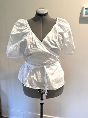 White Puff-Sleeve Cotton fitted stretch Wrap Top - Women